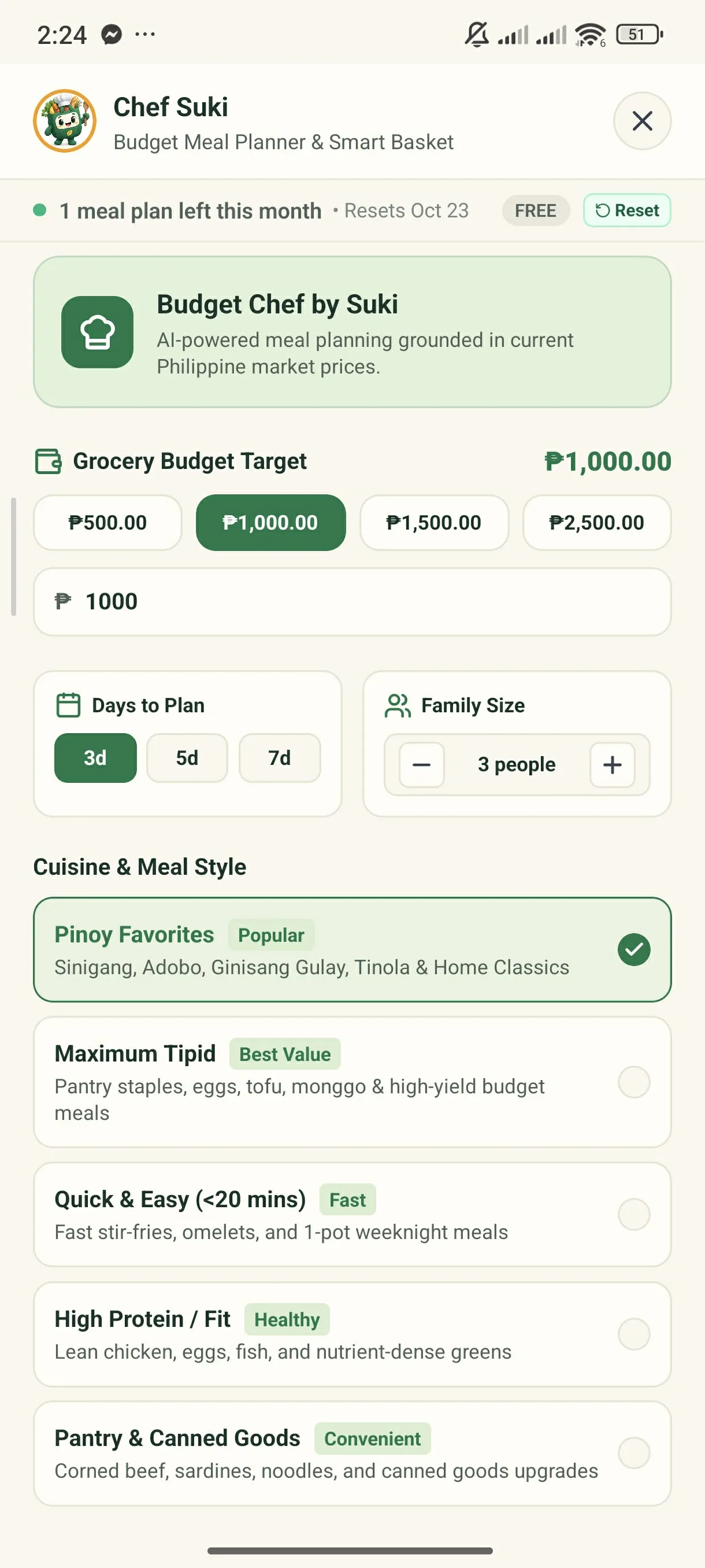 Chef Suki Meal Planner - Step 2: Set Budget & Preferences