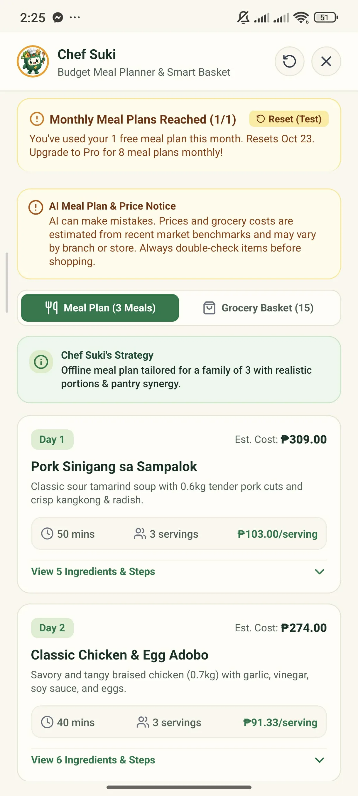 Chef Suki Meal Planner - Step 3: Export to Shopping List